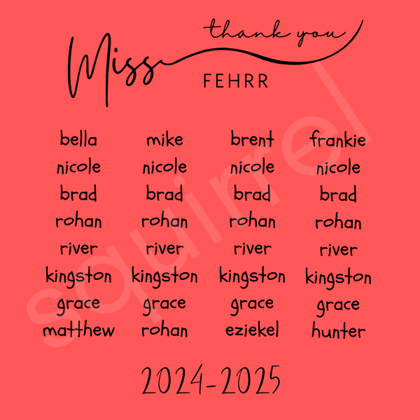 Custom Teacher Gift - Class Names & Year 2"x2"