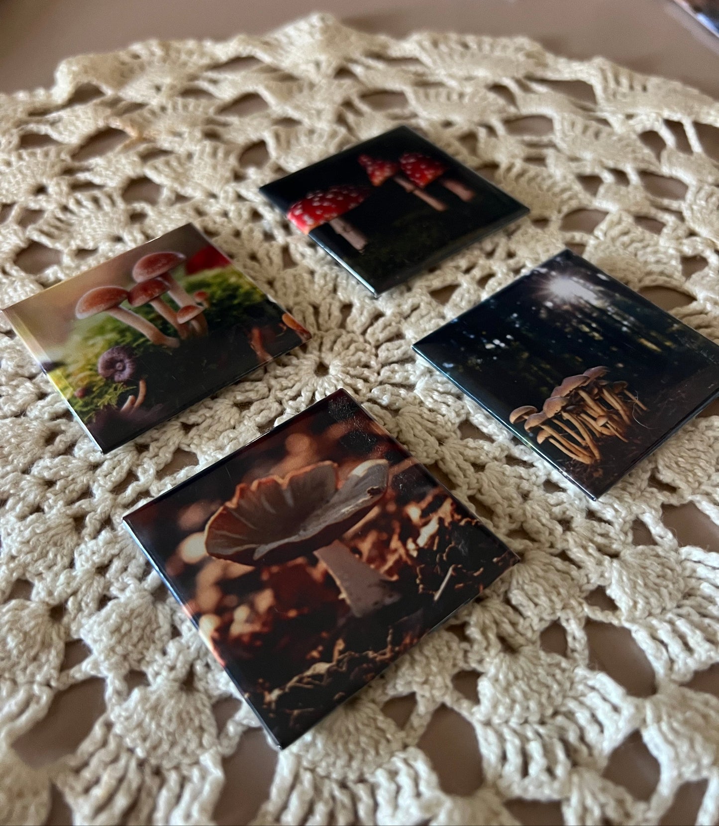 mushroom family magnets pictures 4 pack displayed on a table