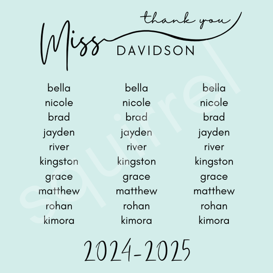 Custom Teacher Gift - Class Names & Year 2"x2"