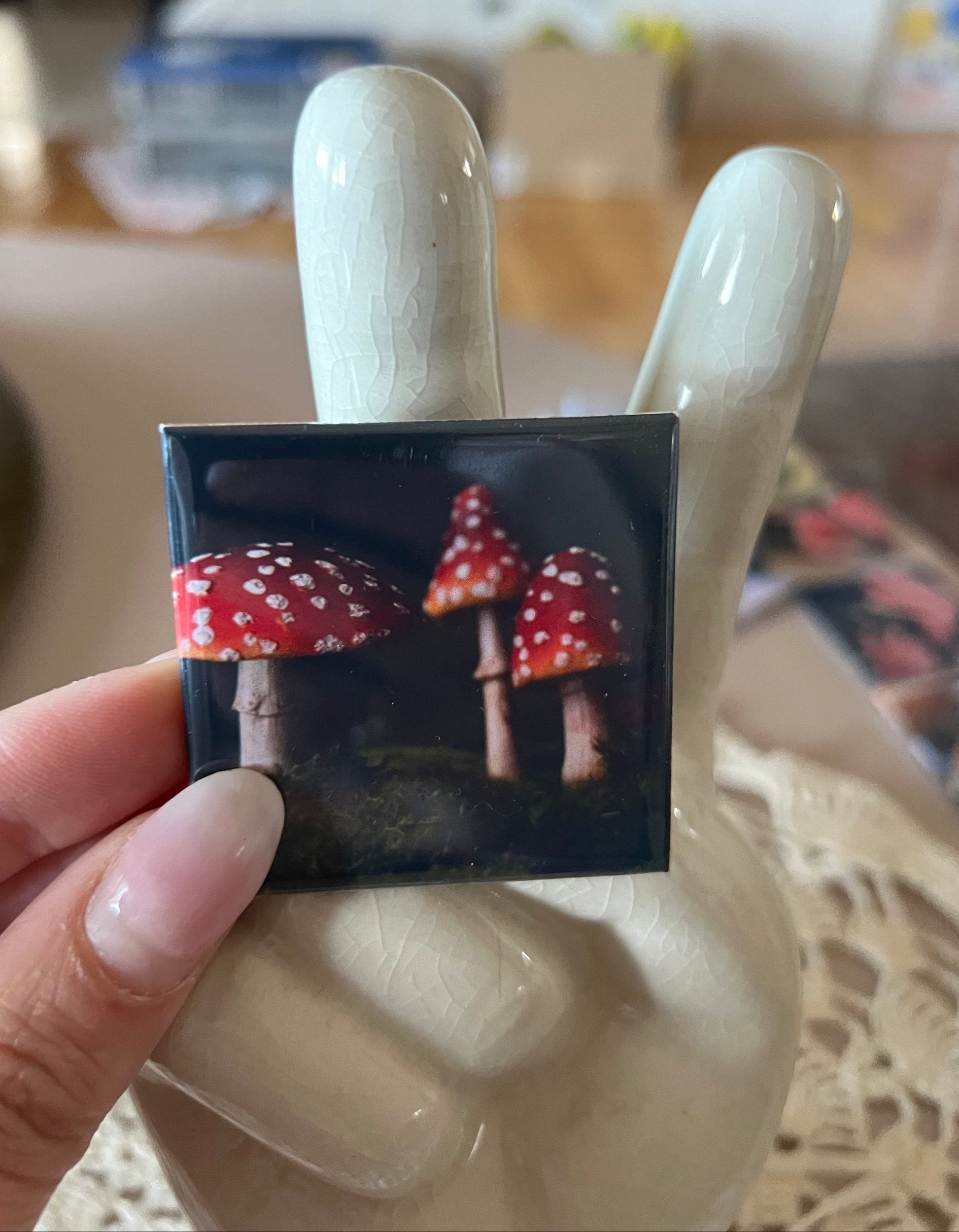 Small square photo of mushrooms magnet held by a hand with a blurred background
