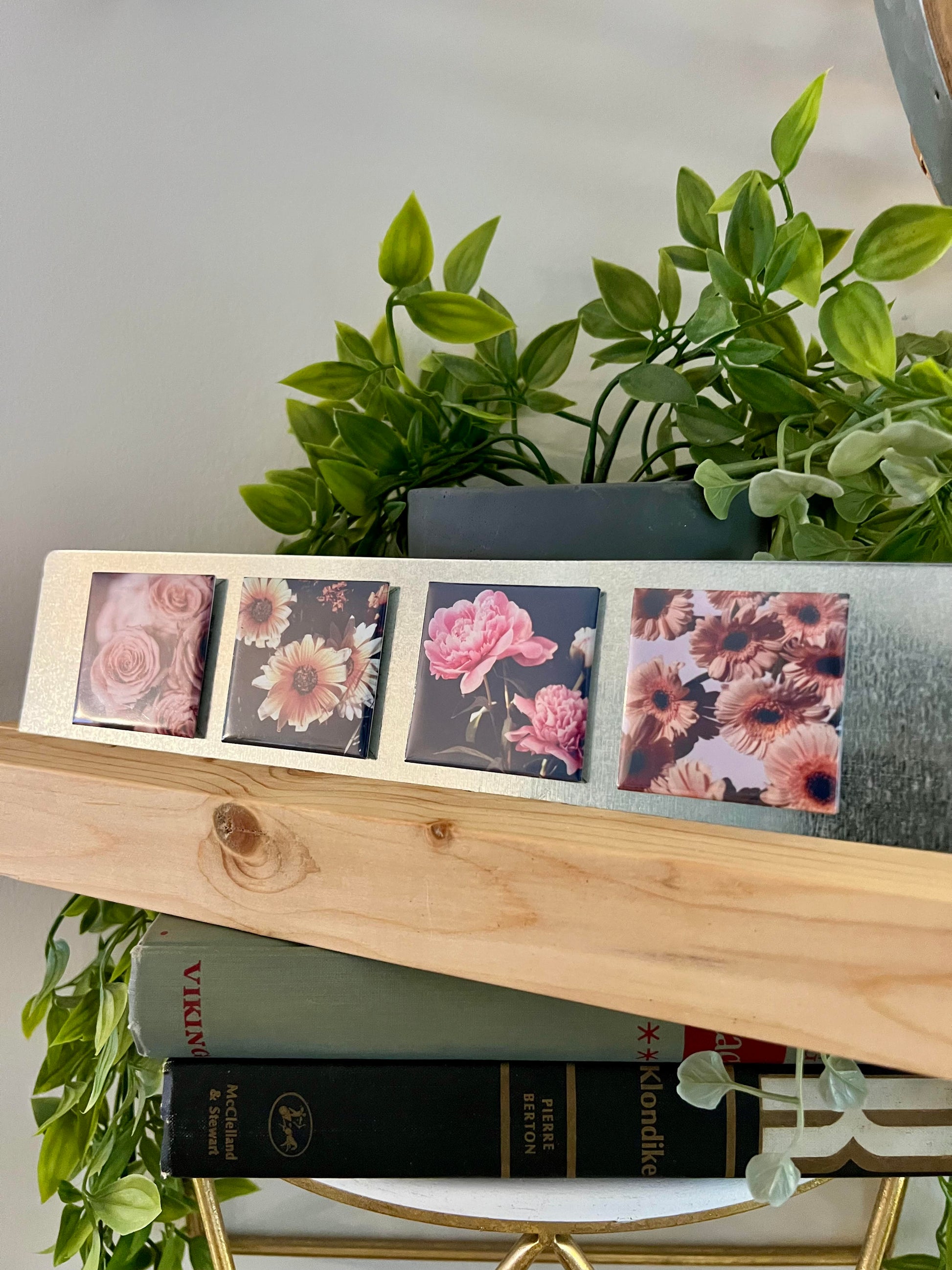 Decorative shelf with books and floral magnets displayed surrounded by green plants.